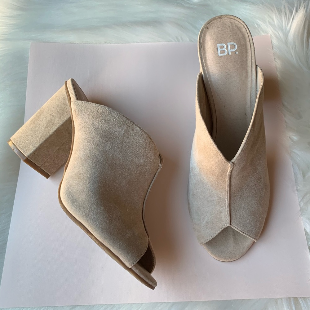 BP Toni Mule, suede open toe slip on mule